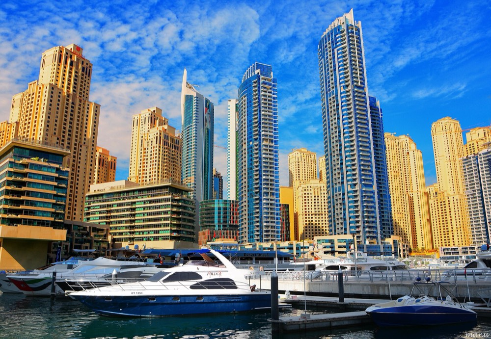 Towers and yachts in Dubai Marina